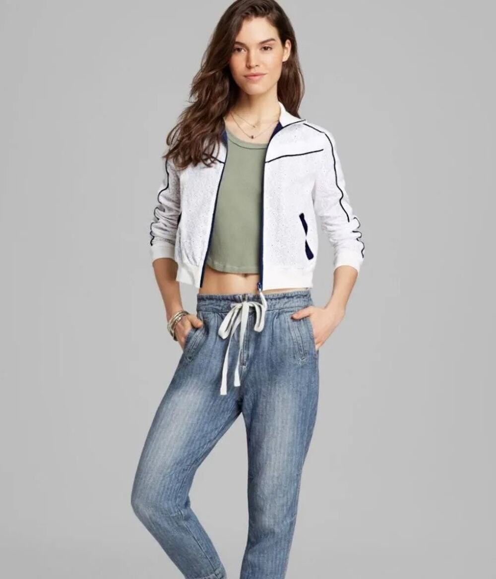 Free People Full Zip Jacket White Blue Eyelet Women Size Large